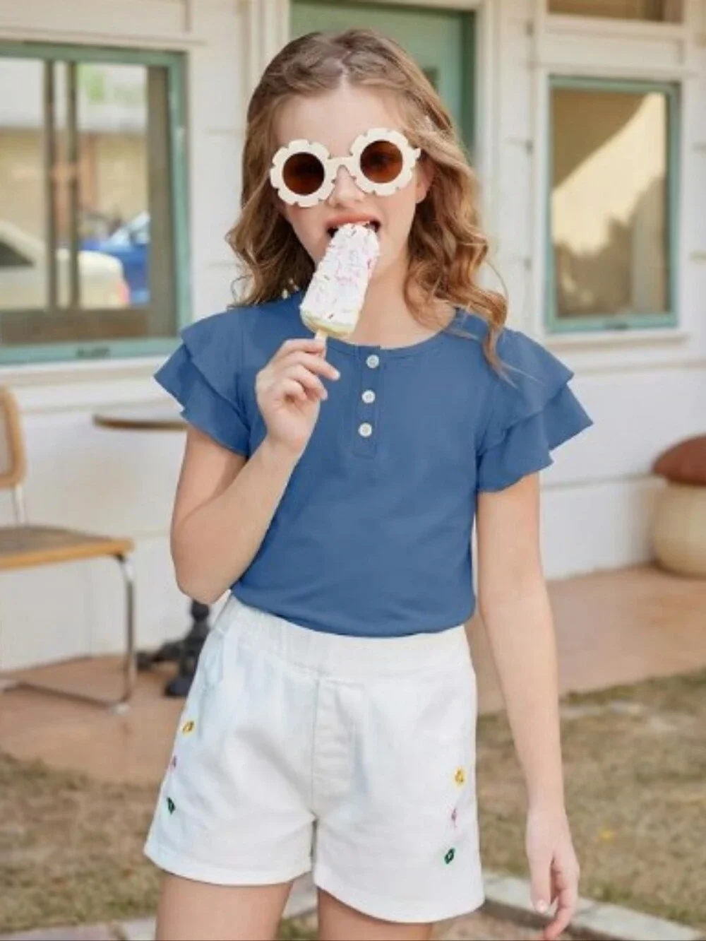 Girls Summer Outfits Ruffle Sleeve Button Down Shirts Shorts Set Blue